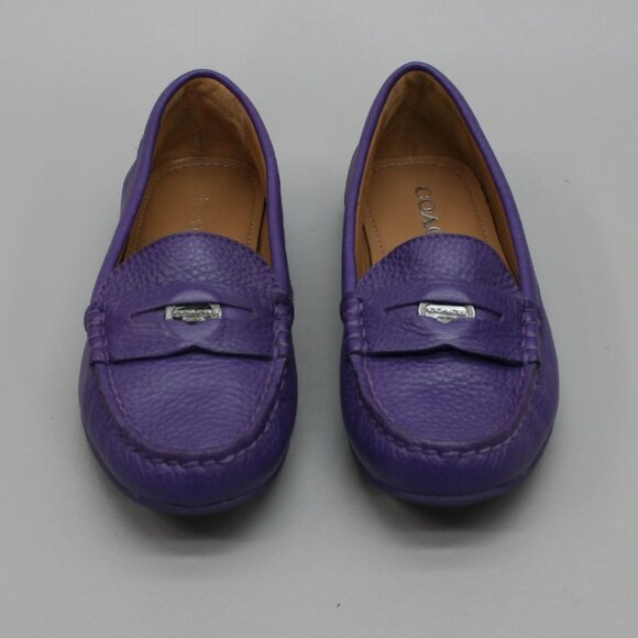 Coach Ladies 5 Penny Loafers Purple Pebbled Leather Classic Moc-toe Shoes Flats - Picture 5 of 12
